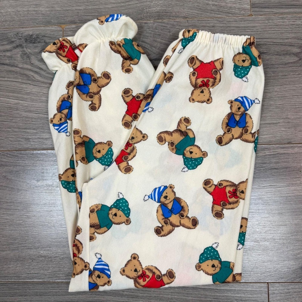Vintage Teddy Bear Print Pajama‎ Pants Cream Fleece Ruffle Cuff Kids Size 8
